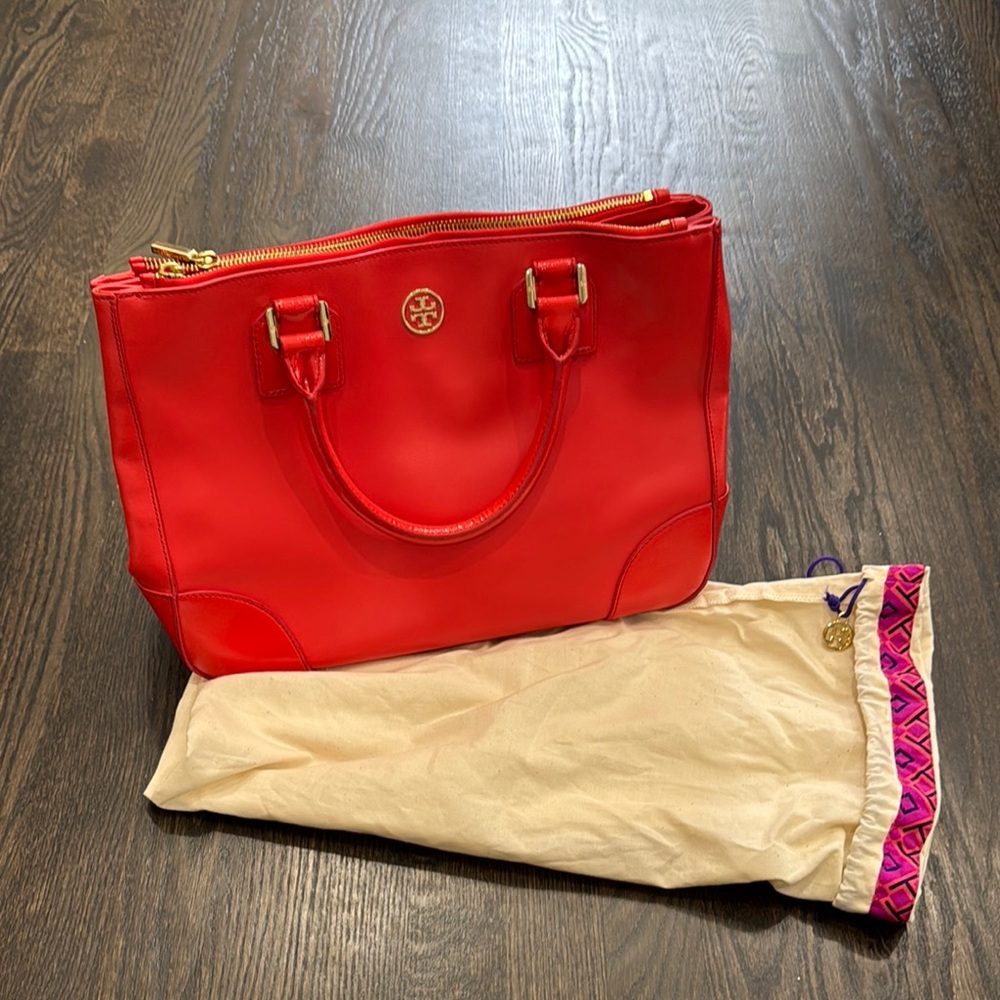 Tory Burch Red Satchel with Gold Accents